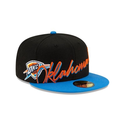 Black Oklahoma City Thunder Hat - New Era NBA Cursive 59FIFTY Fitted Caps USA3854716